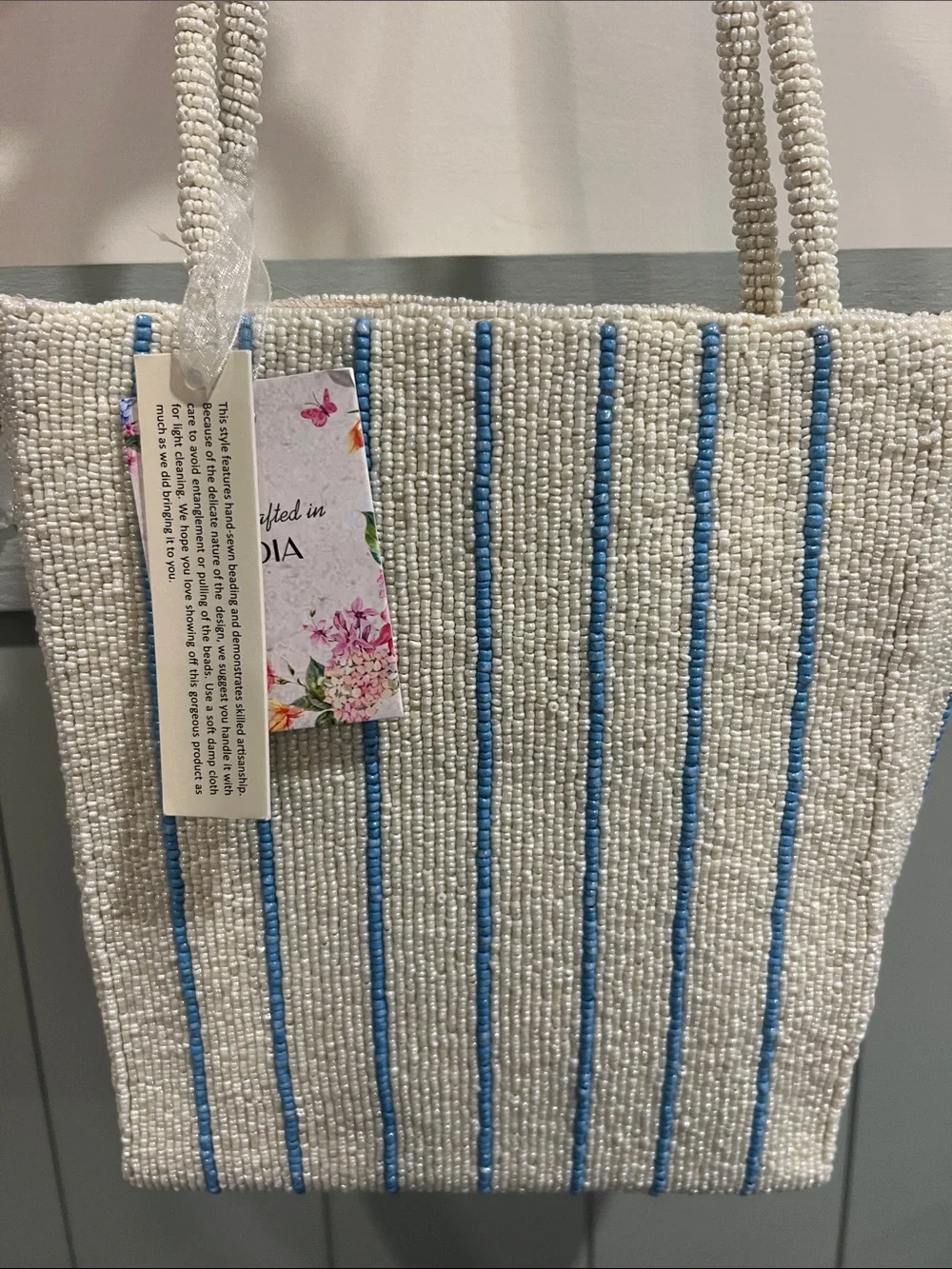 Beaded Floral Truck Tote Bag - Cream